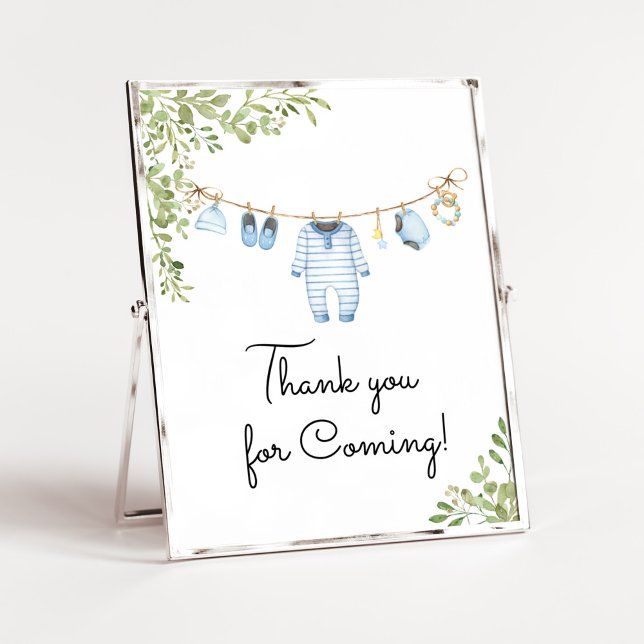 Blå Barnkläder, babyskor, Tack för kommande Poster (Boho Baby Clothes Baby Shower Thank You for Coming Sign)