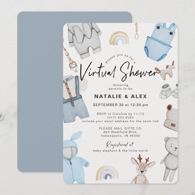 Blå Barnkläder och Leksak Boy Virtuell Baby Shower Inbjudningar (Fram/baksida)