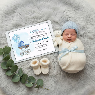 Blå barnvagn ballong aqiqah muslim baby pojke inbj inbjudningar