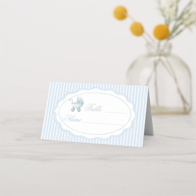Blå barnvagn för babyboy shower bordnummer placeringskort (Framsida)