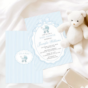 Blå barnvagnsbåge för babyboy shower inbjudningar