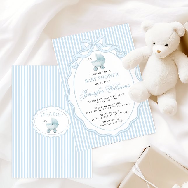 Blå barnvagnsbåge för babyboy shower inbjudningar (Skapare uppladdad)