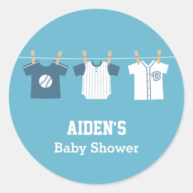 Blå Baseball Baby Pojke Showerfest Etiketter (Framsida)