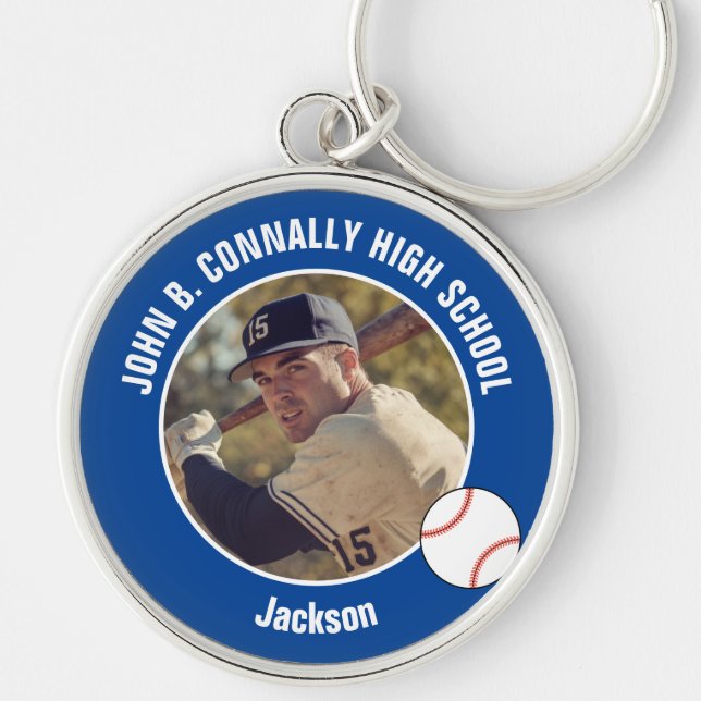 Blå baseballspelarfoto High School-anda Rund Silverfärgad Nyckelring (Framsidan)