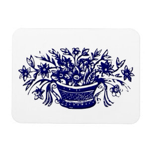 Blå Basket i Flowers Woodcut Artwork Magnet