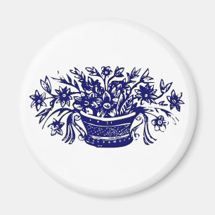 Blå Basket i Flowers Woodcut Artwork Magnet