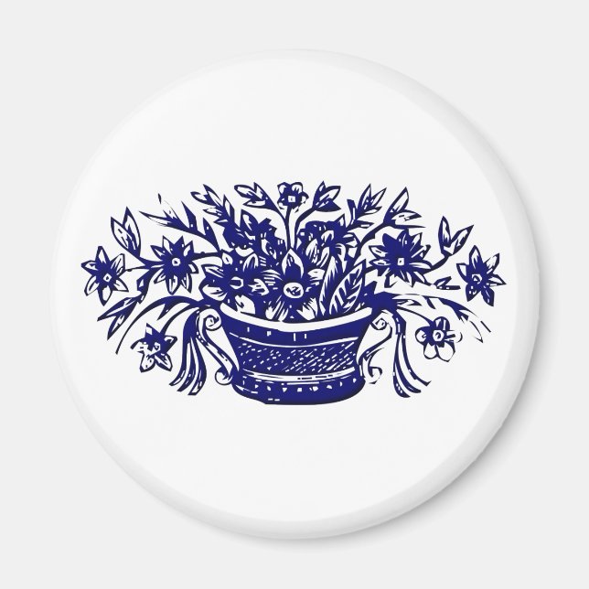 Blå Basket i Flowers Woodcut Artwork Magnet (Framsidan)