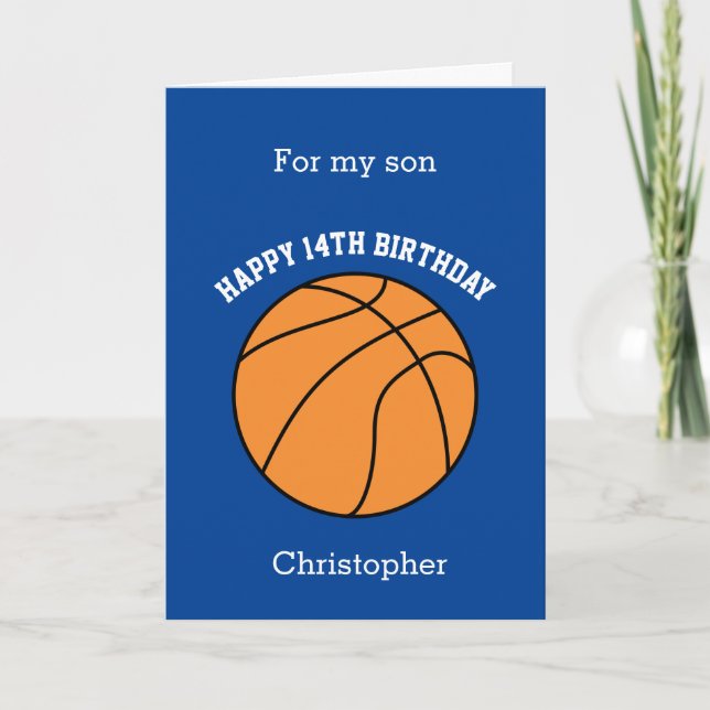 Blå Basketboll Glad 14-årsdag Son Kort (Framsida)