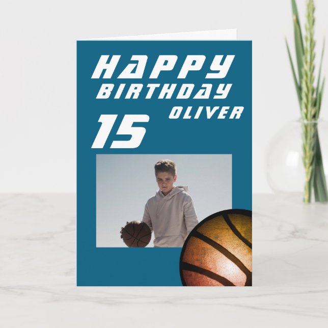 Blå basketboll pojke foto glad födelsedag  kort (Framsida)