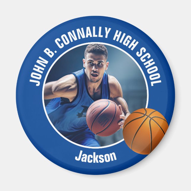 Blå basketspelarfoto present minnessak magnet (Framsidan)