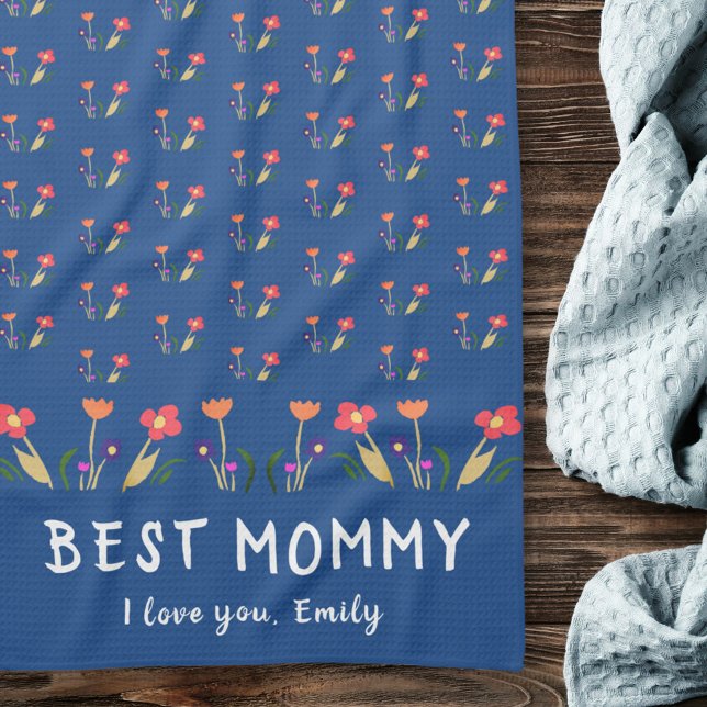 Blå bästa Mamma-blomman Mönster Teckning-Mor-dagen Kökshandduk (Skapare uppladdad)