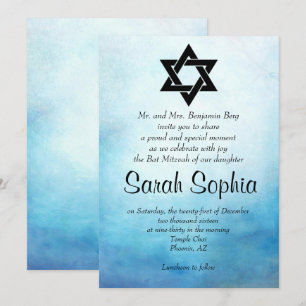 Blå Bat mitzvah inbjudan, vattenfärg, skalning Inbjudningar