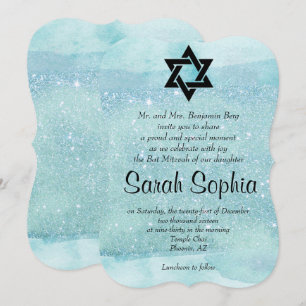 Blå Bat mitzvah, Vattenfärg, turkos, Glitter Inbjudningar