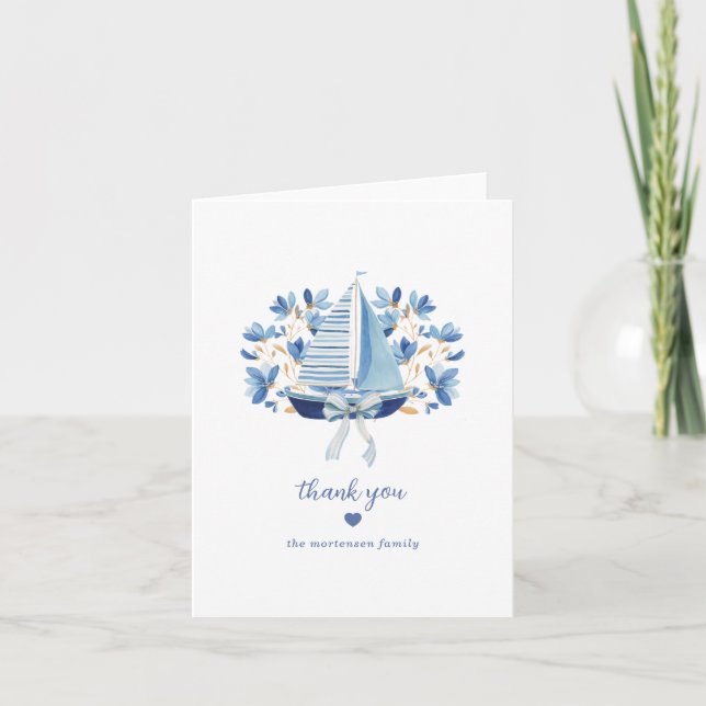 Blå båtar och bogserbåtar Baby Shower Tack Kort (Framsida)