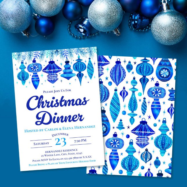 Blå Baubles-jul-middag-vattenfärg Inbjudningar (Blue Baubles Christmas Dinner Watercolor Invitation)
