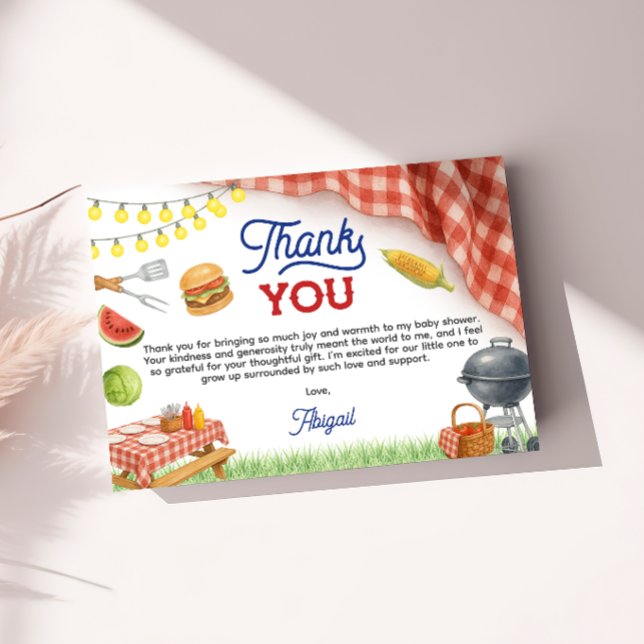 Blå BBQ Baby Shower 5x3.5 Tack Kort (Blue BBQ Baby Shower 5x3.5 Thank You Card
)