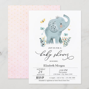 Blå Bebis Elefant Fjäril Prickar Bebis Shower Inbjudningar