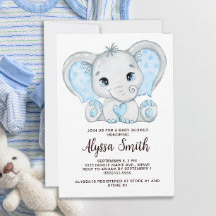 Blå Bebis Elefant Liten Pojke Baby Shower Inbjudningar