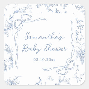 Blå Bebis Shower Floral Rosett Fyrkantigt Klistermärke