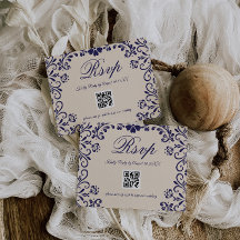 Blå Beige Blommig Bröllops QR