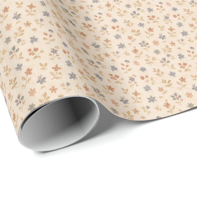 Blå Beige Blommig Vintage  Presentpapper (Rullad Hörn)