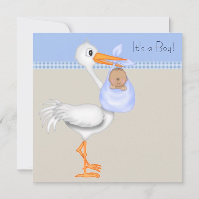 Blå Beige Gingham Stork Baby Pojke Bebis Shower Inbjudningar (Framsida)