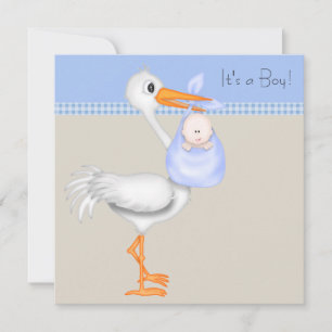 Blå Beige Gingham Stork Baby Pojke Bebis Shower Inbjudningar