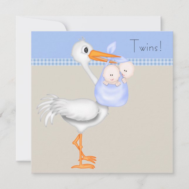 Blå Beige Gingham Stork Tvilling Baby Pojke Bebisd Inbjudningar (Framsida)