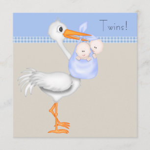 Blå Beige Gingham Stork Tvilling Baby Pojke Bebisd Inbjudningar