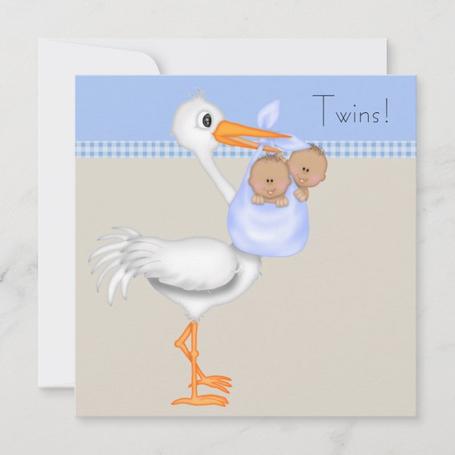Blå Beige Gingham Stork Tvilling Pojke Bebis Bjudn Inbjudningar (Framsida)