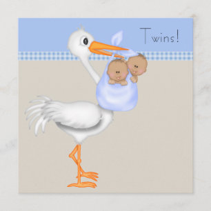 Blå Beige Gingham Stork Tvilling Pojke Bebis Bjudn Inbjudningar