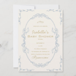 Blå Beige Och Guld Elegant baby shower Inbjudningar