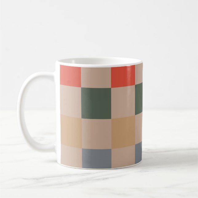 Blå Beige Orange Brun Rutig Gingham Mönster Kaffemugg (Vänster)