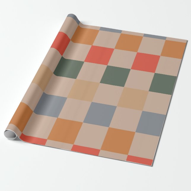 Blå Beige Orange Brun Rutig Gingham Mönster Presentpapper (Utrullad)
