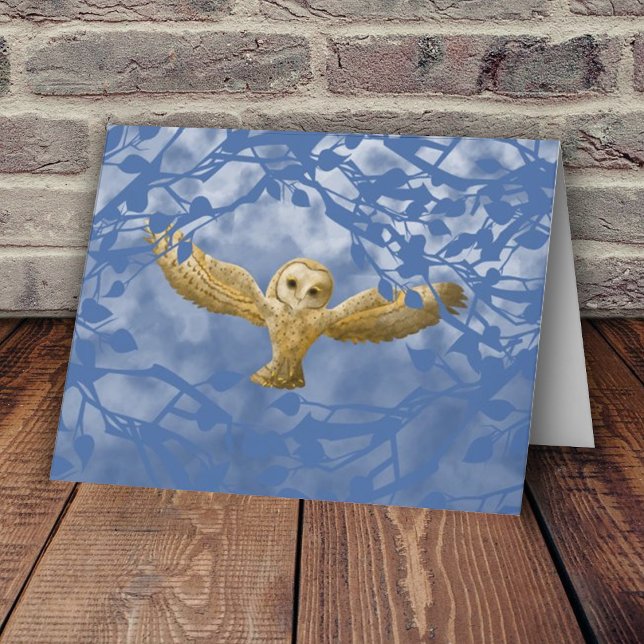 Blå, Beige Ugga, Enkel Tom Greeting Card Kort (Blue forest leaves golden beige  owl in flight blank note card, wise barn owl outstretched wings)