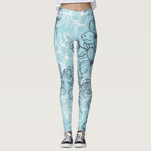 Blå bensin, svart eller vit blommigt leggings (Framsida)