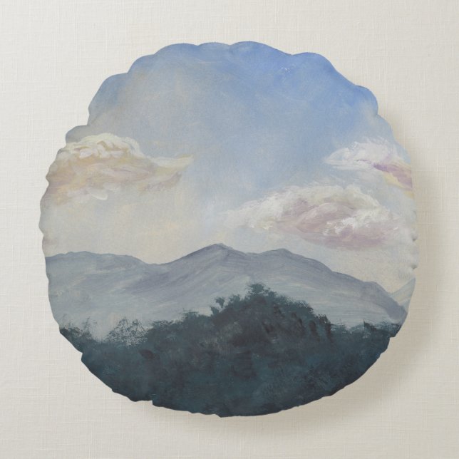 Blå berg i Gouache: Vibrant naturscen Rund Kudde (Framsidan)