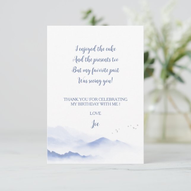 Blå berg könsneutralt barnkalas  tack kort (Stående Fram)