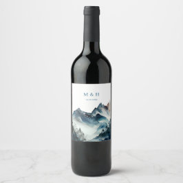 Blå bergen Rustic Bröllop Vinflaska Etikett