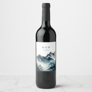 Blå bergen Rustic Bröllop Vinflaska Etikett