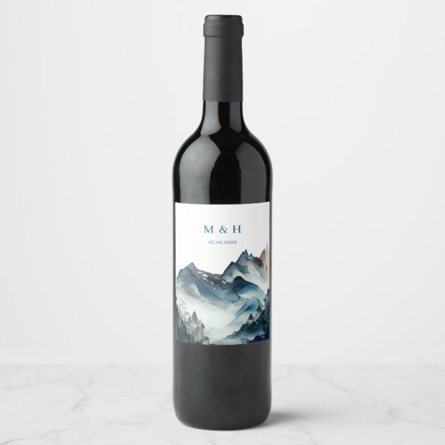 Blå bergen Rustic Bröllop Vinflaska Etikett (Framsida)