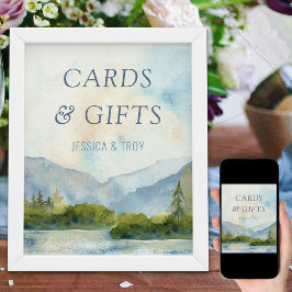 Blå bergskort och presentkort för Sjö, vattenfärg, Poster