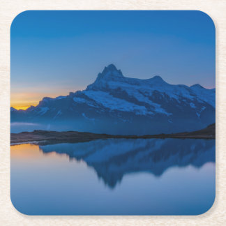 Blå Bergssolnedgång Vattenreflektion Underlägg Papper Kvadrat