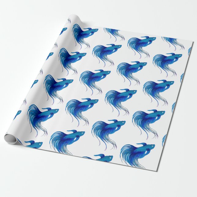 Blå Betta Fish Watercolor Presentpapper (Utrullad)