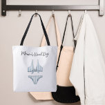 Blå bikini-strand tygkasse<br><div class="desc">Anpassa och lägg till ditt namn eller text. Dekoreras med vit och ljusblå strimlad bikini.</div>
