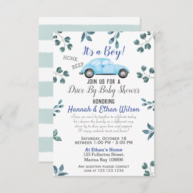 Blå bil och grön disk med babyskor Parad Inbjudningar (Fram/baksida)