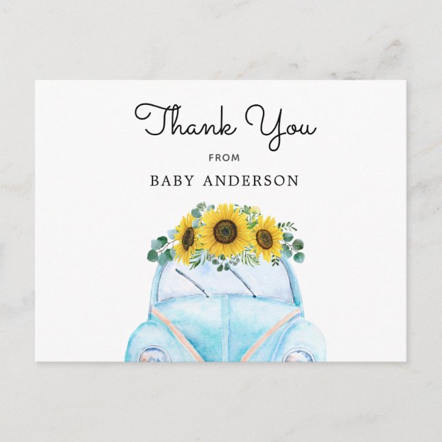 Blå bil och solblommor, Tack Vykort (Framsida)