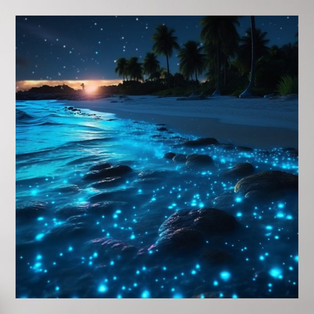 Blå bioluminescent Beach & Handflatan Träd Poster (Framsidan)