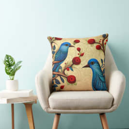 Blå Birds Folk Art Red Flowers Swirls Kudde