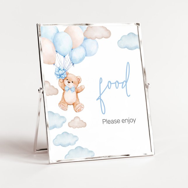 Blå Björn Ballong Bebisdopp Mat Poster (Blue Baby Bear Balloon Baby Shower Food Sign)
